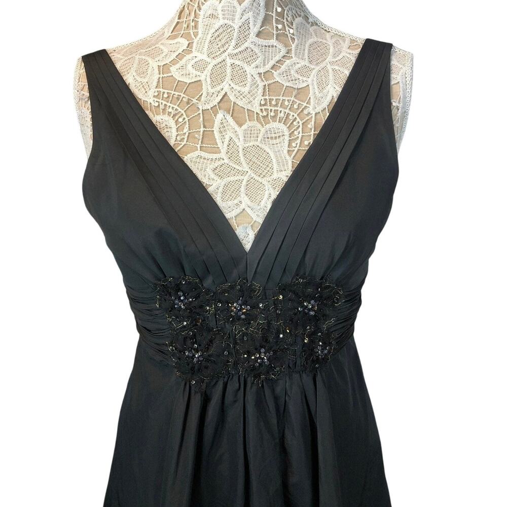 BCBG Maxazria ruched Sequence black cocktail deep V front open back dress size 4